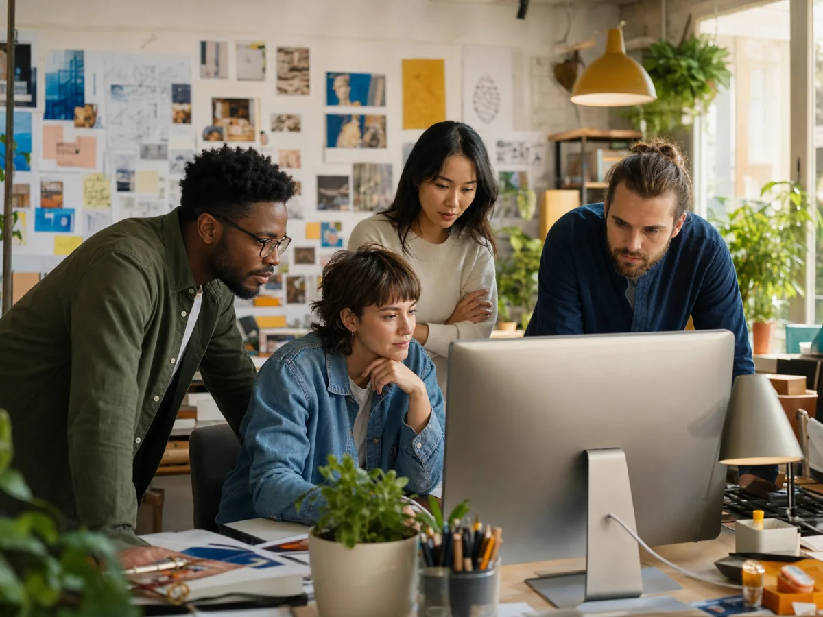 Creative agency team reviewing campaign work together