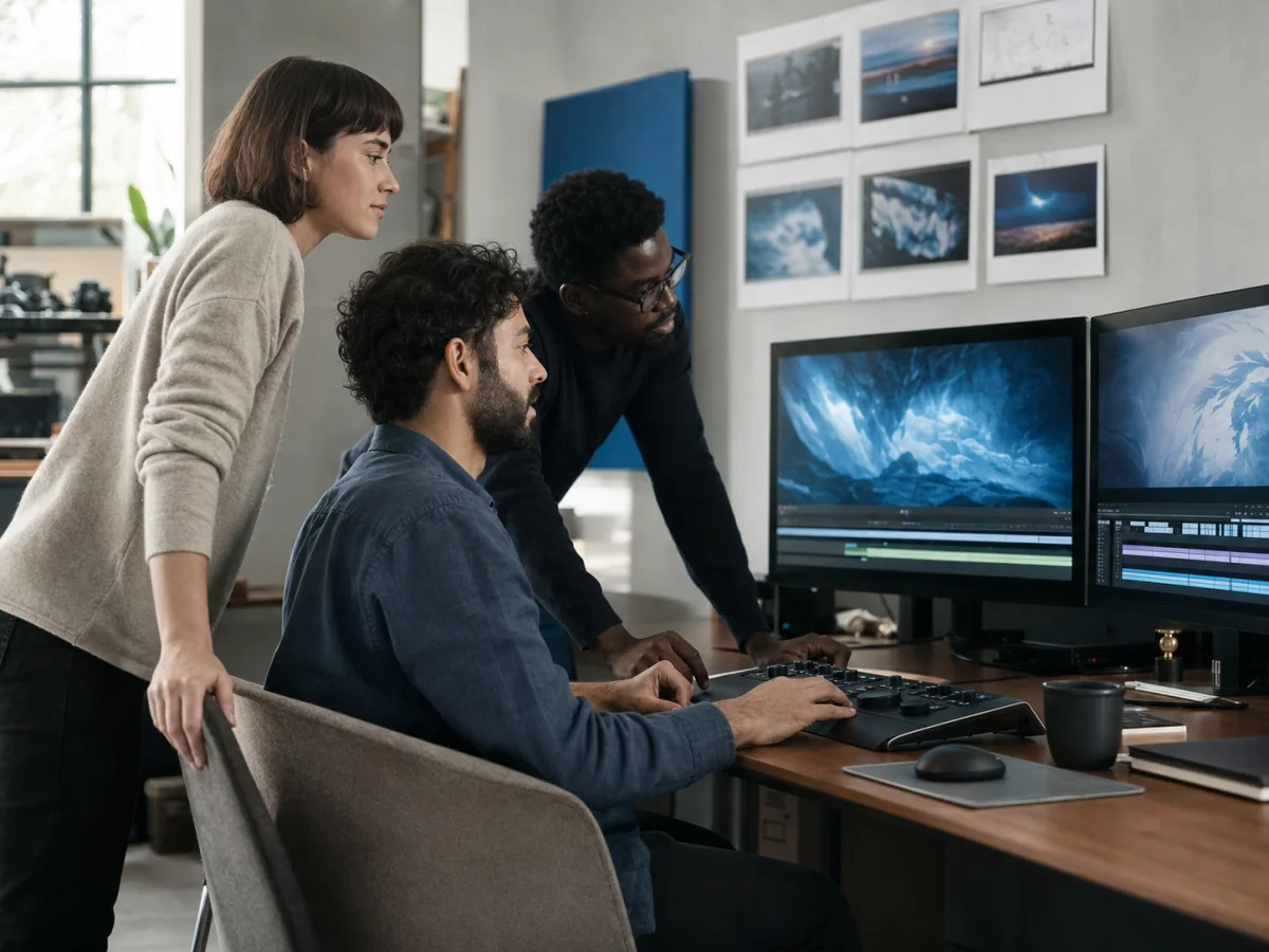 Production team reviewing a video edit before delivery
